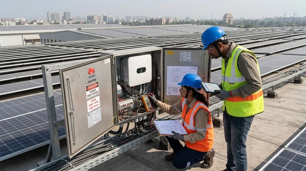 Commercial solar engineers conducting a rooftop site inspection in Delhi